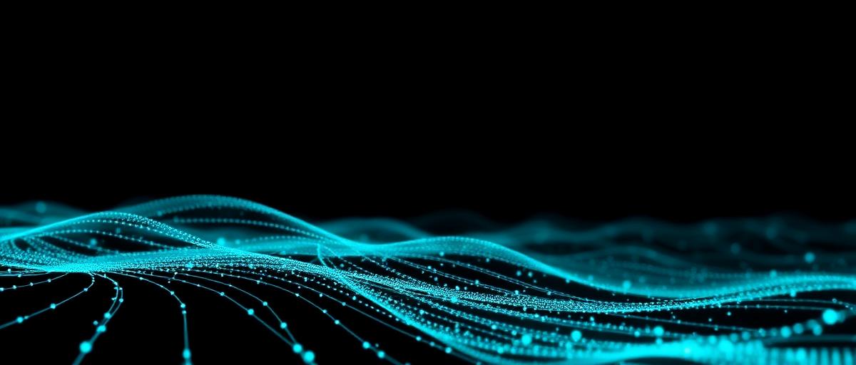 Abstract neural network data streams in cyan and black